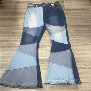 Fashion Nova Blue Patchwork Flare Jeans